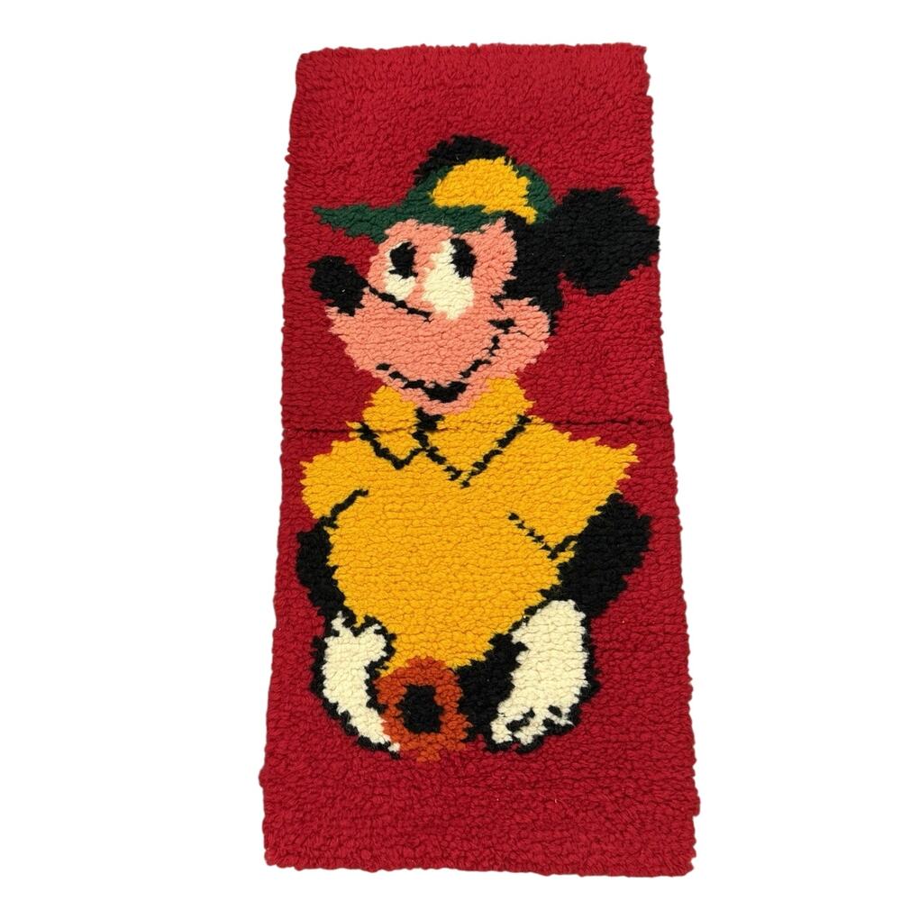 Vintage Mickey Mouse Latch Hook Rug Wall Hanging Completed 32” X 14”